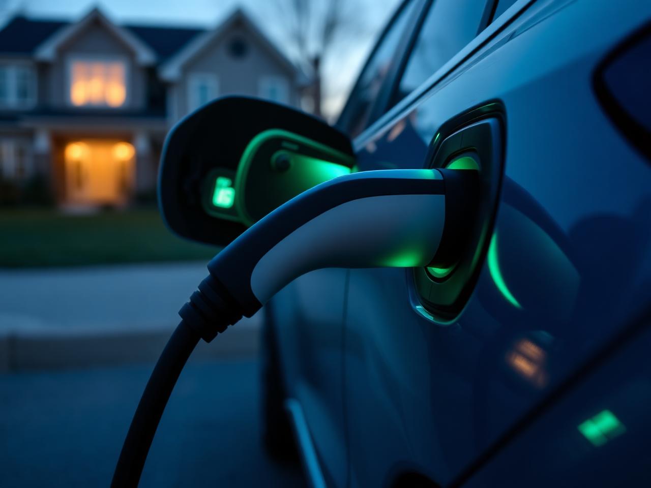 Charging cable plugged into an electric vehicle in a driveway