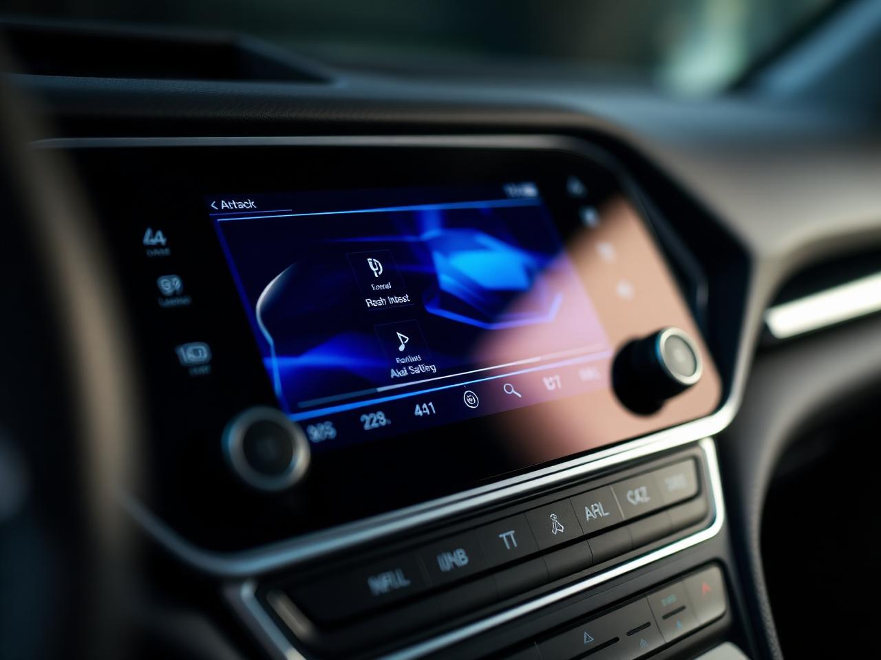 Close view of a modern vehicle touchscreen and control knobs