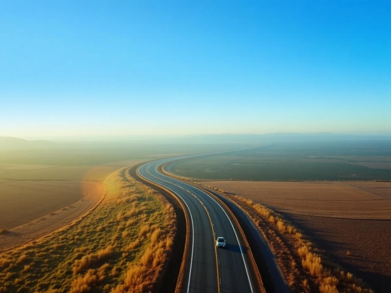 Aerial view of a highway curving through open countryside at sunrise