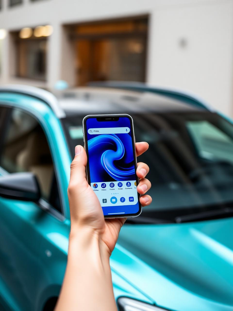 Driver holding a phone showing a vehicle companion app