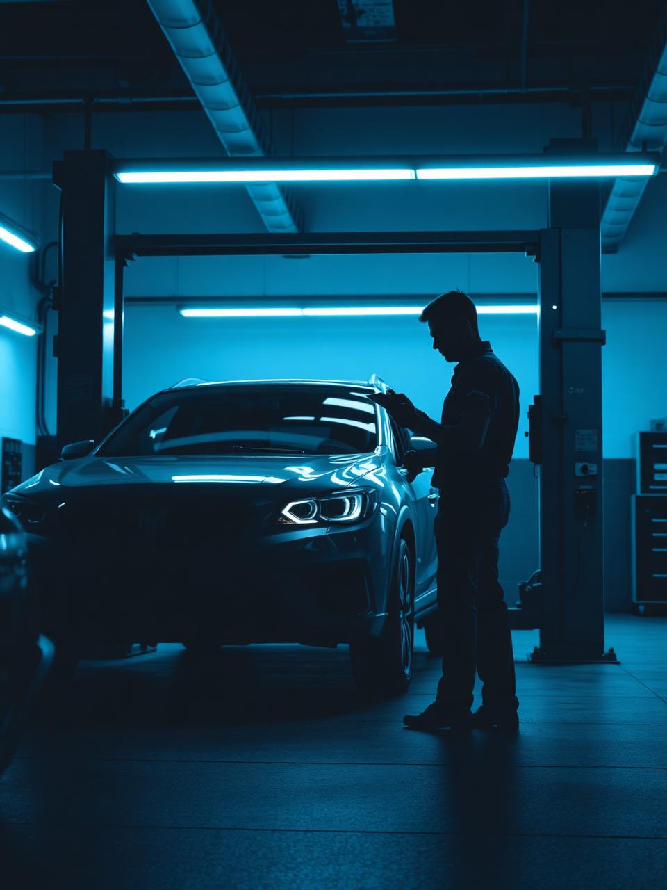 Technician with a tablet beside a car in a service bay