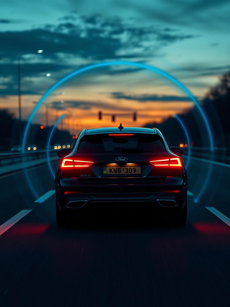 Car on a highway at dusk with sensor coverage shown as glowing arcs