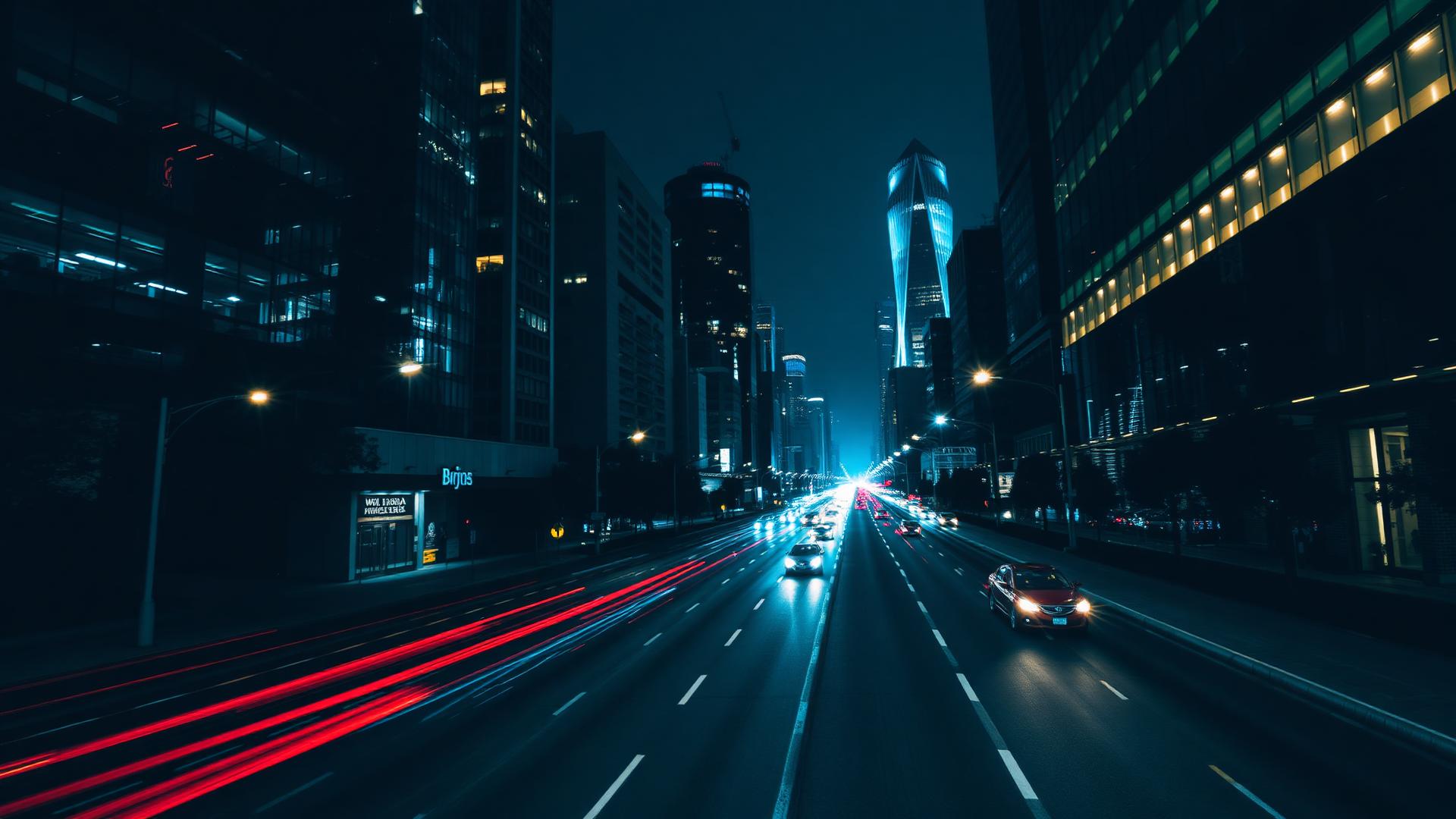 City street at night with blue light trails from passing traffic